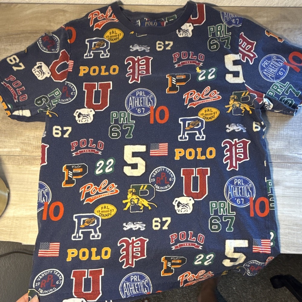 Vintage Polo Ralph Lauren Youth XL (18-20) Letterman Tee 100% Cotton Navy Blue